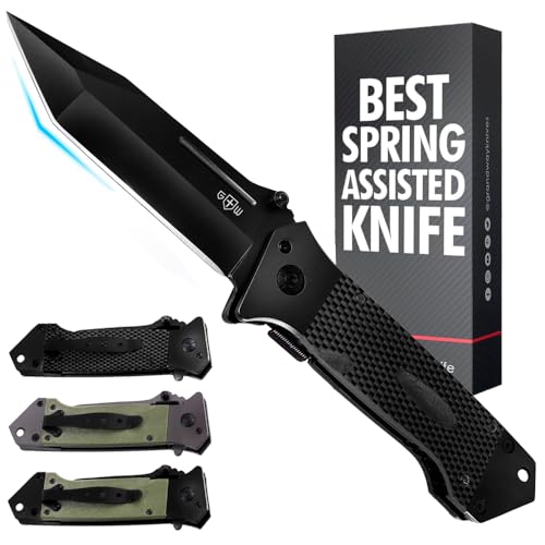 Grand Way Spring Assisted Knife – Tactical Pocket Knife for Men – Black Tanto Folding Knives – Cool Knife for Work Hiking Military – Christmas Birthday Gifts for Dad Husband 6688 BB