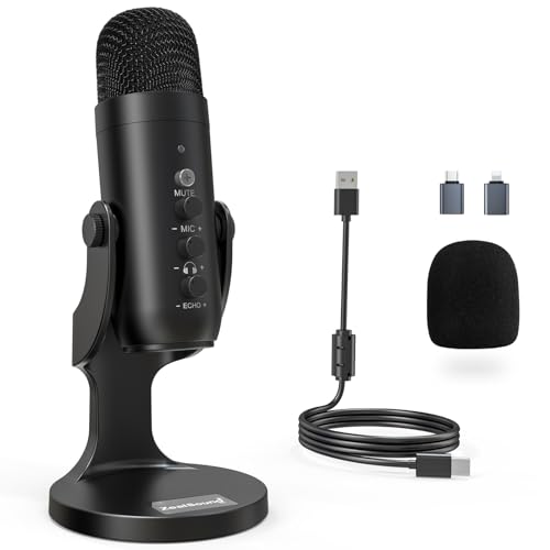 ZealSound USB Microphone,Condenser Computer PC Mic,Plug&Play Gaming Microphones for PS 4&5.Headphone Output&Volume Control,Mic Gain Control,Mute Button Vocal,YouTube Podcast on Mac&Windows(Black)