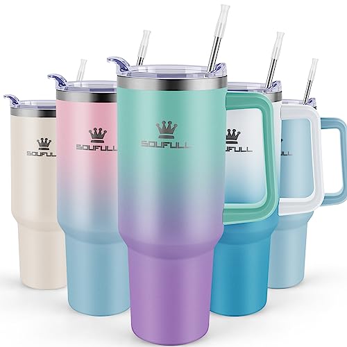 40 oz Tumbler with Handle and Straw Lid, 100% Leak-proof Travel Coffee Mug, Stainless Steel Insulated Cup for Hot Cold Beverages, Keeps Cold for 34Hrs or Hot for 10Hrs, Dishwasher Safe (BluePurple)