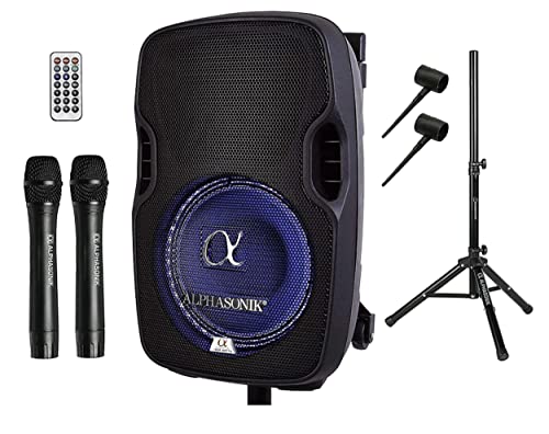 Alphasonik 15' Portable Rechargeable Battery Powered 1500W PRO DJ Amplified Loud Speaker with 2 Wireless Microphones Echo Bluetooth USB SD Card AUX MP3 FM Radio PA System LED Ring Karaoke Tripod Stand