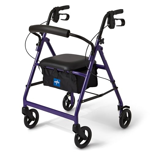 Medline Aluminum Rollator Walker with Seat, Folding Mobility Rolling Walker has 6 inch Wheels, Purple