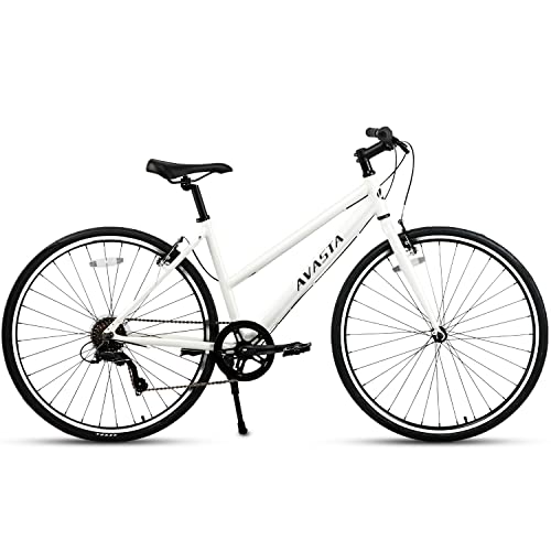 AVASTA Road Hybrid Bike for Women Female Lightweight Step Through 700c Aluminum Alloy Frame City Commuter Comfort Lady Bicycle, 7-Speed Drivetrain, Color White