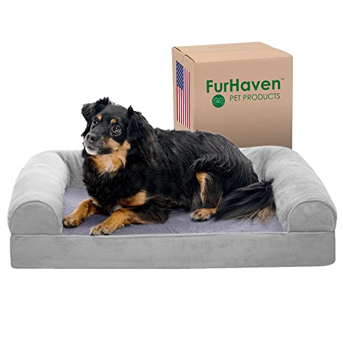 Furhaven Orthopedic Dog Bed for Medium/Small Dogs w/ Removable Bolsters & Washable Cover, For Dogs Up to 35 lbs - Faux Fur & Velvet Sofa - Smoke Gray, Medium