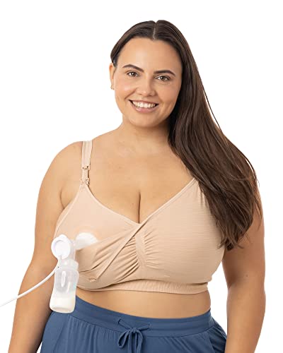 Sublime Super Busty Hands Free Pumping Bra | Patented All-in-One Pumping & Nursing Bra with EasyClip for I, J, K Cup (Beige, X-Large Super Busty)