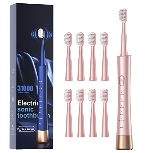 Sonic Electric Toothbrush for Adults, USB Rechargeable Sonic Toothbrush with 8 Brush Heads, Smart Timer, 5 Modes, 2-Hour Fast Charge Last 30 Days, Pink