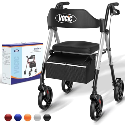 VOCIC Walkers for Seniors,Foldable Walker with Seat,Rollator Walker with Durable Aluminum,330lbs Load Capacity,8' Big Wheels for All Terrain, Adjustable Height Rolling Walker| Shiny Silver