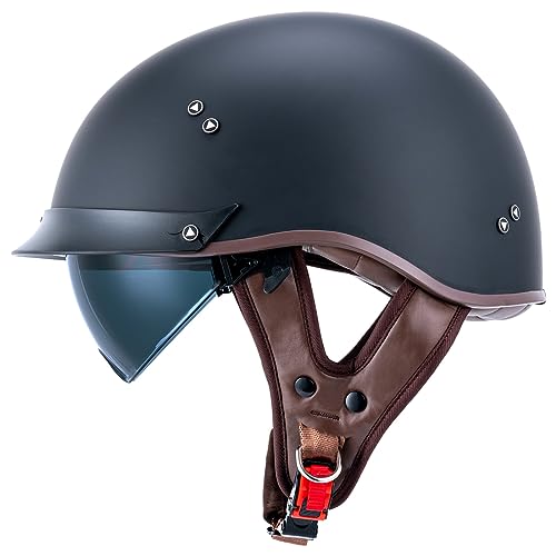 Half Motorcycle Helmets Open Face Sun Visor Quick Release Buckle DOT Approved Cruiser Pilot Helmets for Adults Men Women(Matte Black,L)
