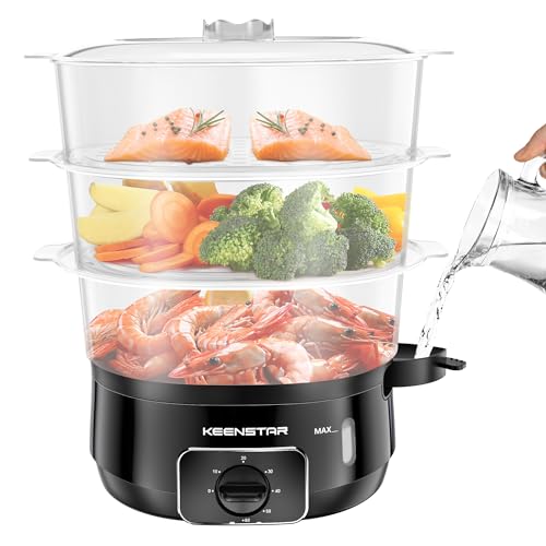 13.7QT Electric Food Steamer for Cooking, 3 Tiers Vegetable Steamer, 800W Fast Simultaneous Cooking, 60-Minute Timer, Veggies Steamer, Ideal for Fish Seafood Rice, BPA-Free Baskets(Black)