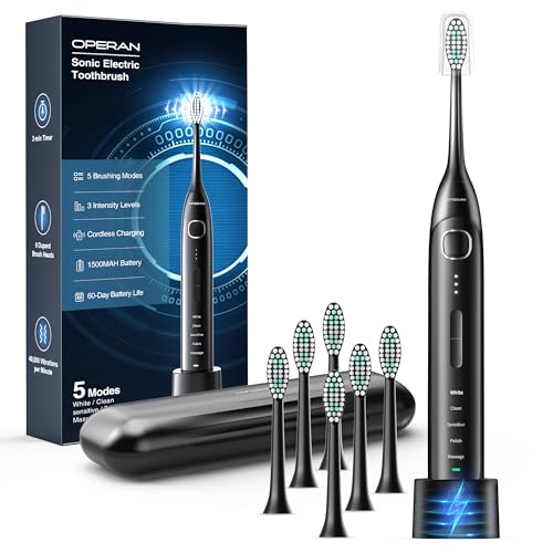 Operan Electric Toothbrush for Adults and Kids Rechargeable Sonic Toothbrush with 5 Modes 2-Min Smart Timer IPX7 Waterproof 40,000 VPM Motor with 8 Brush Heads & Travel Case (Black)