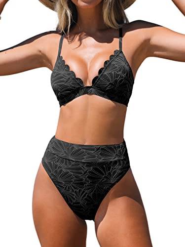 CUPSHE Bikini Set for Women Bathing Suit High Waisted Scalloped V Neck Two Pieces Swimsuit, L Black
