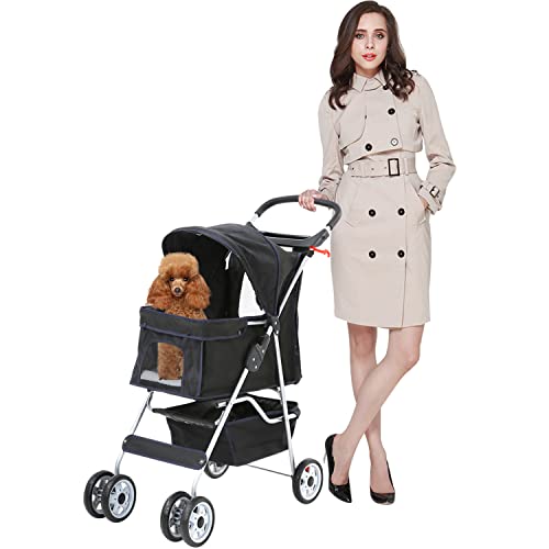 Meet perfect 4 Wheels Pet Stroller Dog Stroller Travel Stroller Cat Pushchair Trolley Puppy Jogger 30 Lbs Capacity Folding Carrier Carriage with Storage Basket for Small Medium Dogs & Cats- Black