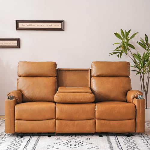 PALLOME Power Reclining Sofa, PU Leather Recliner Sofa, Electric 3-Seat Dual Recliner Sofa with Flipped Middle Backrest/Cup Holder, Wall Hugger Sofa & Couch for Living Room(Cognac Brown)