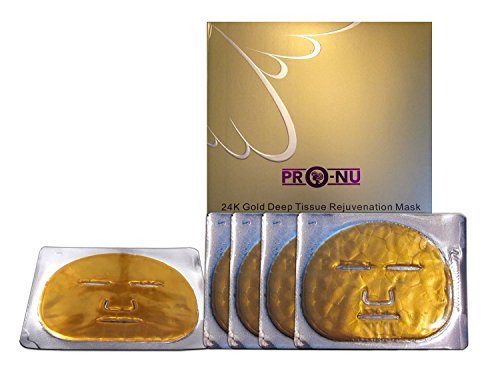 Pro-nu Spa Quality 24k Karat Gold Deep Tissue Rejuvenation Facial Mask for Men and Women. Reduce Fine Lines, Wrinkles, Hyperpigmentation, Sun Damage and Age Spots.(pack of 5)