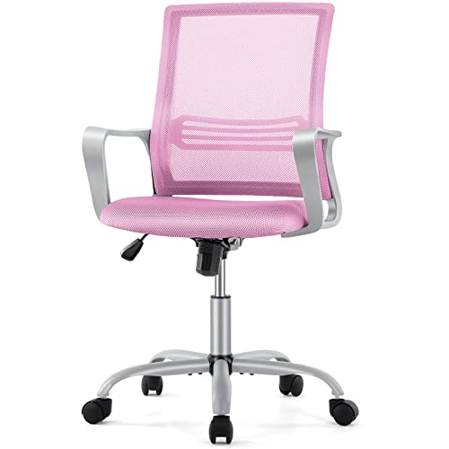 Mesh Modern Office Desk Chair, Mid Back Lumbar Support Padded Seat and Armrest Computer Chair, Adjustable Height Ergonomic Home 360 Degree Swivel Rolling Rocking Mode Breathable Executive Chair, Pink