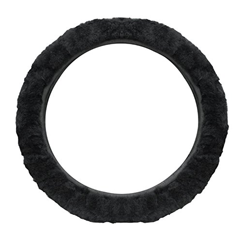 cutequeen Trading Sheepskin Stretch-On Steering Wheel Cover Black