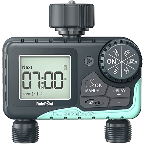 RAINPOINT Water Timer for Garden Hose - 2 Zone Sprinkler Timer with Rain Delay/Manual Watering/Automatic Irrigation Controller System - Water Hose Timer Programmable Faucet Timer for Yard Lawn
