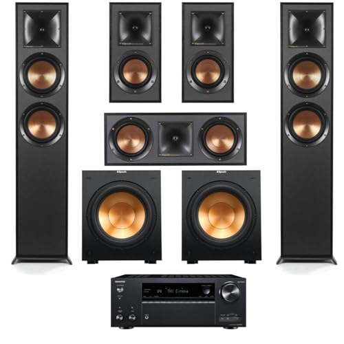 Klipsch Reference Series 5.2 Home Theater Pack with 2X R-625FA Floorstanding Speakers, R-52C Center Channel Speaker, 2X R-41M Bookshelf Speakers (Speaker System + 2X Subwoofer + Receiver)