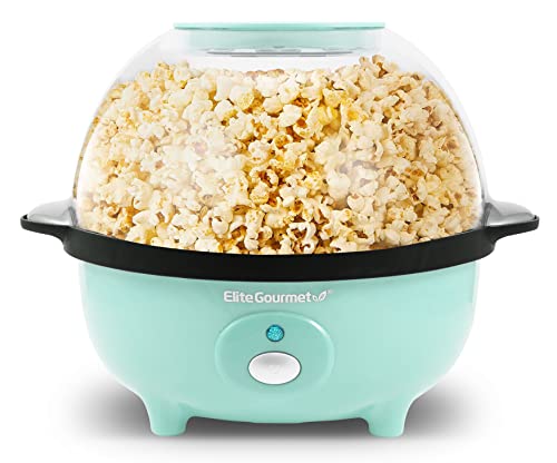 Elite Gourmet Automatic Stirring Popcorn Maker Popper, Electric Hot Oil Popcorn Machine with Measuring Cap & Built-in Reversible Serving Bowl, Great for Home Party Kids, Safety ETL Approved, Mint