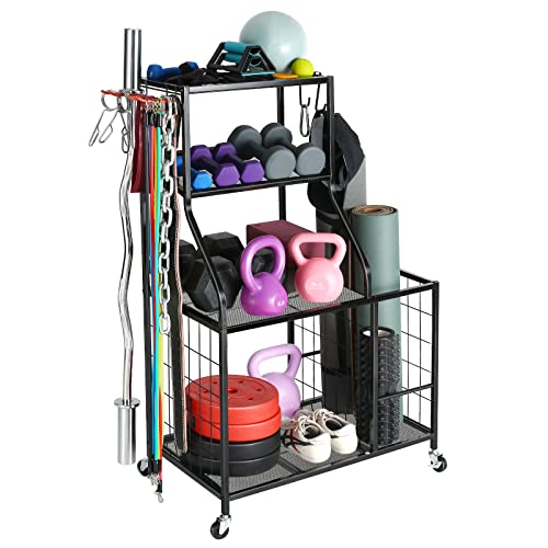 AHOWPD Weight Rack Home Gym Storage, Yoga Mat Storage Rack Workout Equipment Storage Rack for Dumbbells Kettlebell Resistance Band, Exercise Equipment Gym Rack Organizer with Wheel and Levelling Feet