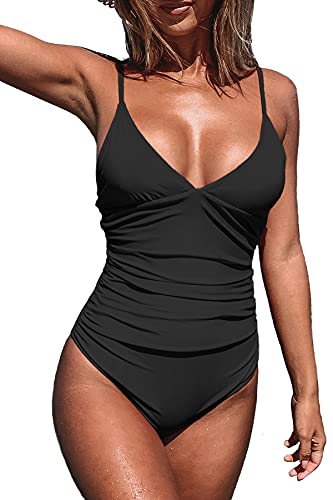CUPSHE Women's One Piece Swimsuit Tummy Control V Neck Bathing Suits S Black