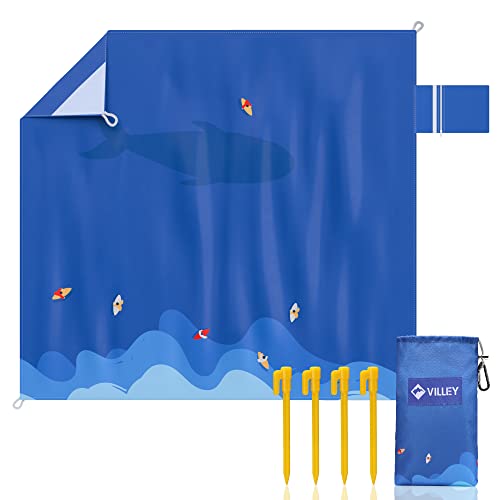 VILLEY Beach Blanket Waterproof Sandproof, 60'x56' Beach Mat for 1-2 Adults, Foldable Beach Blanket with 4 Stakes & 4 Corner Pockets, Outdoor Beach Accessories for Travel, Camping, Hiking