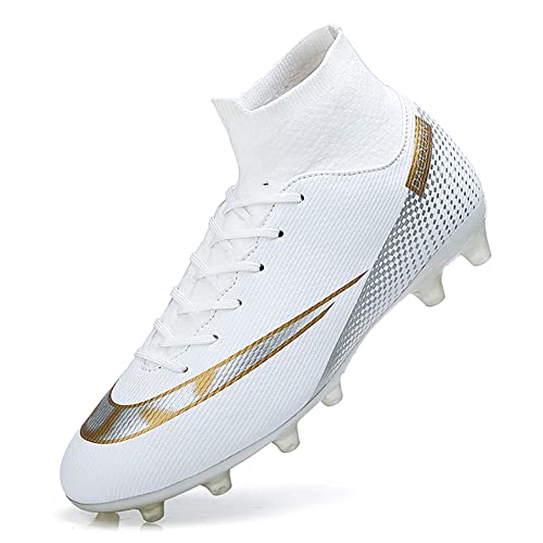 MFSH Unisex-Cleats Soccer Shoes for Big Boy Fg/ag High-top Spikes Football Shoes for Younth Professional Training Turf Indoor Ankle Boots Athletic Sneaker A-White