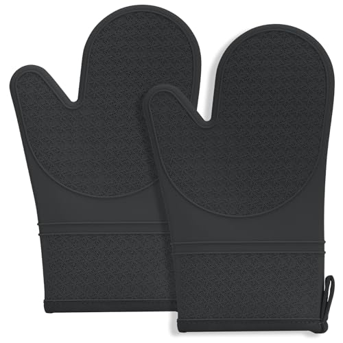 Hovico Silicone Oven Mitts, Oven Gloves with Non-Slip Waterproof - 2PCS Black Oven Mittens Heat Resistant 600 Degree, Soft Lining Silicone Oven mits for Cooking Baking Kitchen Mitten