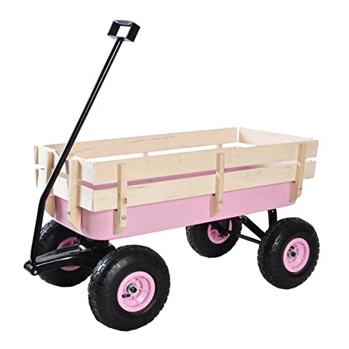 Sanch Ancha Heavy Duty Steel Wooden Side Support Cargo Wagon with 10” All-Terrain Air Tires, Up to 176lb Haul Capacity, Effortless Foldable Handle Cart for Towing Kids Toys, Gardening Supplies (Pink)