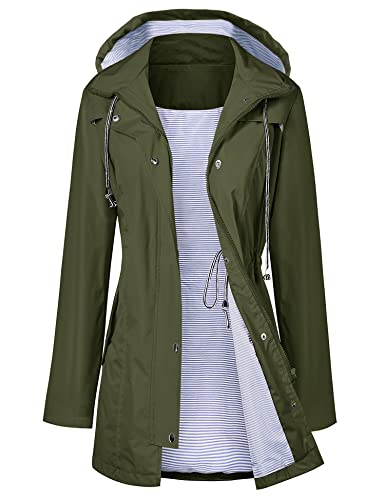 LOMON Raincoat Women Waterproof Long Hooded Trench Coats Lined Windbreaker Travel Jacket Army Green XXL