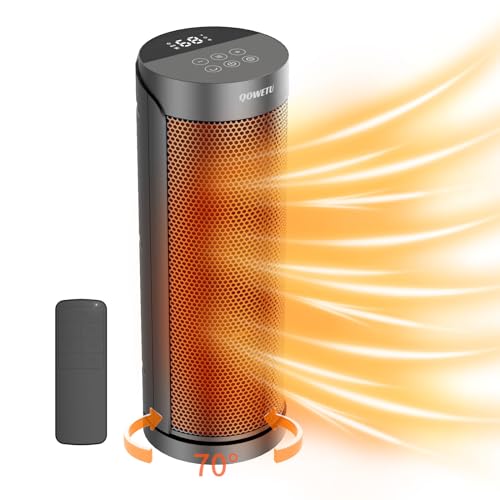 Portable Space Heater for Indoor Use with Remote - QOWETU 70° Oscillating Electric Heater, 17 Inchs, 12H Timer, 1500W Quiet PTC Ceramic Heating with Thermostat, Fast Safety Heat for Home, Bedroom