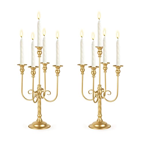 19.7in Gold Candelabra Centerpieces for Tables, 2Pcs Metal Tall Candle Holder for Taper Candles, 5 Arm Candlestick Holder for Wedding Centerpiece Decor Party Event Reception Decoration