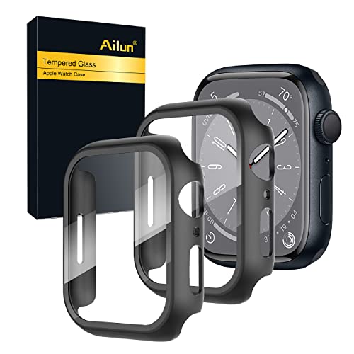 Ailun for Apple Watch Series 9 & 8 & 7 Screen Protector Case [45mm], Ultra-Thin Hard PC Case Built in Tempered Glass Screen Protector for iWatch, Shockproof Cover with Button [2 Pack][Black]