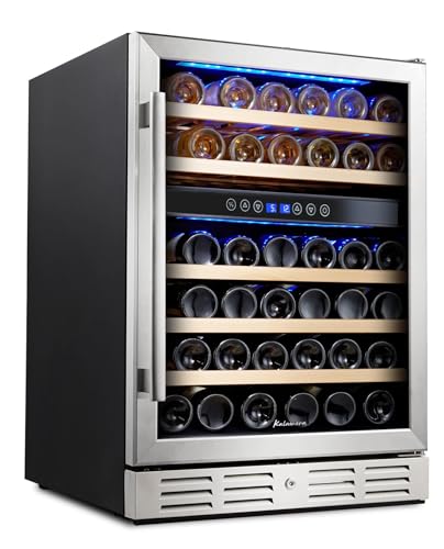 Kalamera 24 inch Wine Cooler, 46 Bottle - Dual Zone Built-in or Freestanding Fridge with Stainless Steel Reversible Glass Door, for Home, Kitchen, or Office.