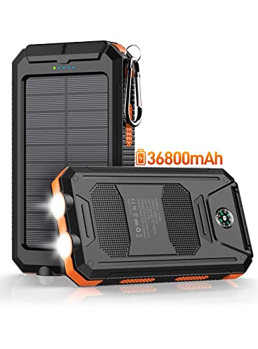 Power-Bank-Portable-Charger-Solar - 36800mAh Waterproof Portable External Backup Battery Charger Built-in Dual QC 3.0 5V3.1A Fast USB and Flashlight for All Phone and Electronic Devices (Orange)