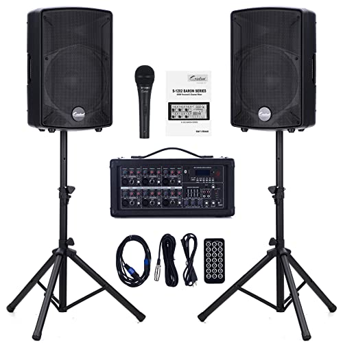 EXOTON S-1202 12inch 2000W Bluetooth PA System with Powered Mixer Set, Passive Speakers with 6 Channel Mixer/Stands/Mic/Effect Controller/ 48V Phantom Power,for Indoor&Outdoor