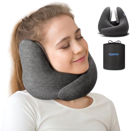 RENPHO Neck Pillow Airplane for 360°Neck Support, Travel Pillow with Noise Reducing, Premium Memory Foam Travel Pillows for Airplanes, with Storage Bag, Suitable for Office or Long Trips (Grey)