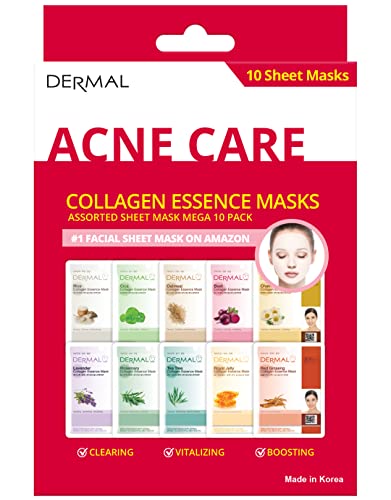 DERMAL Acne Care Collagen Essence Masks Assorted Sheet Mask Mega 10 Pack - The Ultimate Supreme Collection for Every Skin Condition Day to Day Skin Concerns. Nature-made Freshly Korean Face Mask