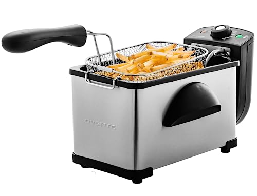 OVENTE Electric Deep Fryer 2 Liter Capacity, 1500 Watt Lid with Viewing Window and Odor Filter, Adjustable Temperature, Removable Frying Basket and Easy to Clean Stainless Steel Body, Silver FDM2201BR