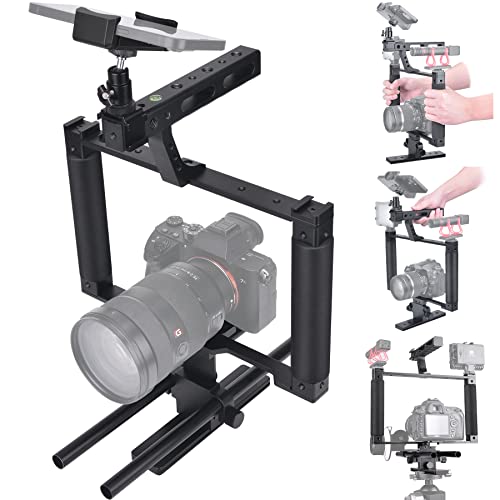 Universal Aluminum Alloy DSLR Mirrorless Camera Camcorder Stabilizer Extension Cage Mount for Mic Monitor Light, Movie Making Rig YouTube Tiktok Vlogging Video Kit w/Phone Holder for Canon Sony Nikon
