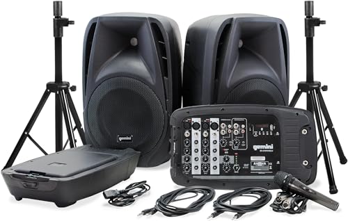 Gemini Sound Professional PA System - Dual 10' Speakers with 600W Amp, Bluetooth, Mixer, USB/SD, Durable Design, Includes 2 Speaker Stands for DJs, Musicians