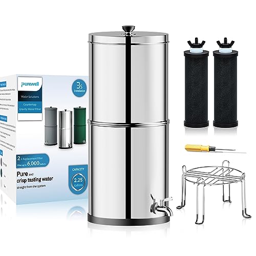 Purewell 3-Stage 0.01μm Ultra-Filtration Gravity Water Filter System, NSF/ANSI 372 Certification, 304 Stainless Steel Countertop System with 2 Filters and Stand, Reduce 99% Chlorine, 2.25G, PW-OB