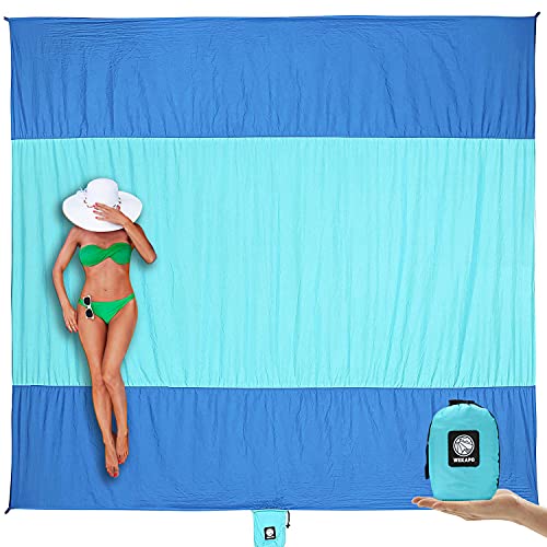 Wekapo Beach Blanket Sandproof, Beach Mat, Big & Compact Sand Free Mat Quick Drying, Lightweight & Durable with 6 Stakes & 4 Corner Pockets, Standard (1~3 person)