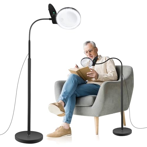 10X 20X Magnifying Glass with Light and Stand, 36 LED Dimmable Floor Magnifying Lamp, 3-in-1 Adjustable Gooseneck Lighted Magnifier for Reading, Sewing, Crafts, Close Work etc