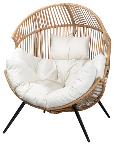 JAMFLY Egg Chair Outdoor Wicker Patio Chair, Oversized Lounger Chair with Cushion Egg Basket Chair for Indoor Living Room Bedroom Outside Balcony Backyard, Beige