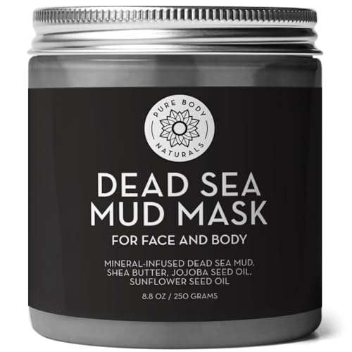 Pure Body Naturals Dead Sea Mud Mask - Face Mask and Body Mud for Acne, Blackheads, and Oily Skin - Facial Self Care for Men and Women - Minimize Pores with Deadsea Mud, Clay, Charcoal - 8.8 Ounce