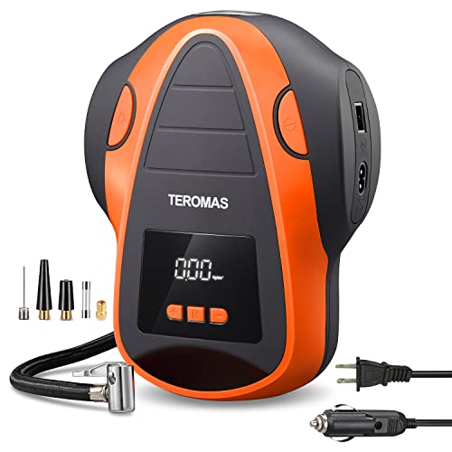 TEROMAS Tire Inflator Air Compressor, Portable DC/AC Air Pump for Car Tires 12V DC and Other Inflatables at Home 110V AC, Digital Electric Tire Pump with Pressure Gauge(Orange)