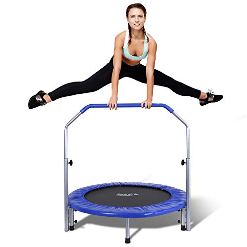 SereneLife Portable & Foldable Trampoline - 40' in-Home Mini Rebounder with Adjustable Handrail, Fitness Body Exercise - SLSPT409, Blue