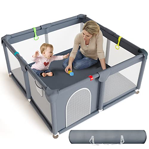 Baby Playpen, 50”×50” Play Pens for Babies and Toddlers, Gentle Monster Baby Playard with Gate & Anti-Slip Base, Sturdy Safety Play Yard for Baby with Storage Bag Indoor & Outdoor