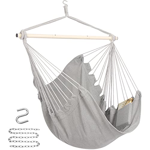 Y- STOP Hammock Chair Hanging Rope Swing, Max 500 Lbs, Hanging Chair with Pocket, Removable Steel Spreader Bar with Anti-Slip Rings, Quality Cotton Weave for Comfort, Durability, Light Grey