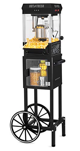 Nostalgia Popcorn Maker Cart, 2.5 Oz Kettle Makes 10 Cups, Vintage Movie Theater Popcorn Machine with Interior Light, Measuring Spoons and Scoop, Black